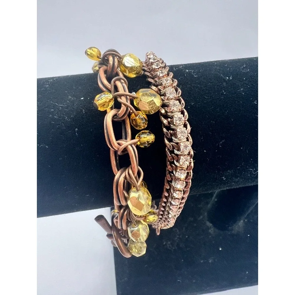 Cookie Lee Copper Bracelet‎ Lot 0f 2 Yellow Glass Beads Rhinestone Chain Boho